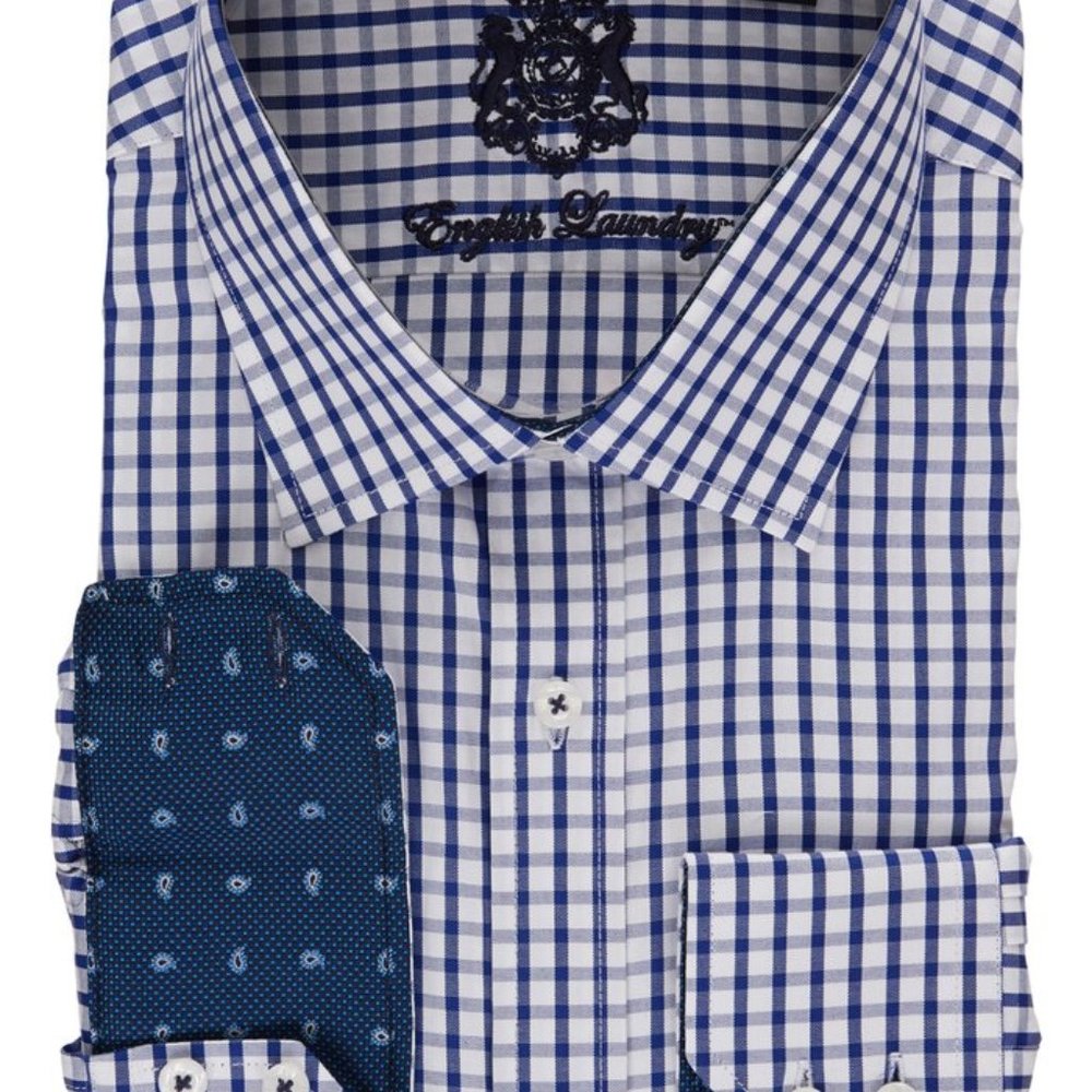 English Laundry Men's Blue Plaid Dress Shirt